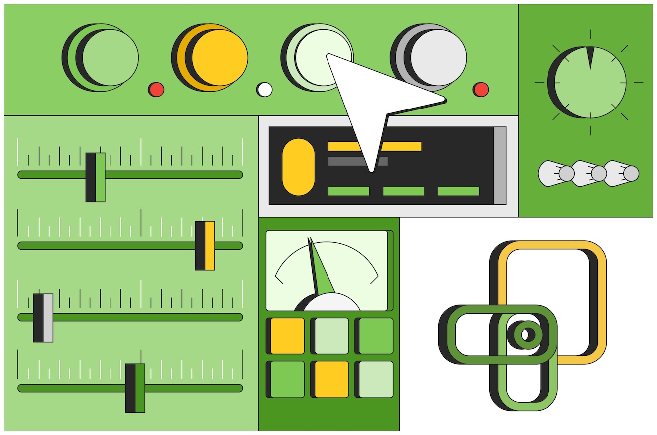 The image depicts a control panel with various dials, sliders, buttons, and a cursor interacting with a digital interface. The color scheme is primarily green, yellow, black, and white, giving it a technological and modern feel. The presence of gauges, knobs, and interactive elements suggests a theme of control, customization, or decision-making, aligning with the title "It's Up To You." It may symbolize user autonomy, digital settings, or adaptability in technology.