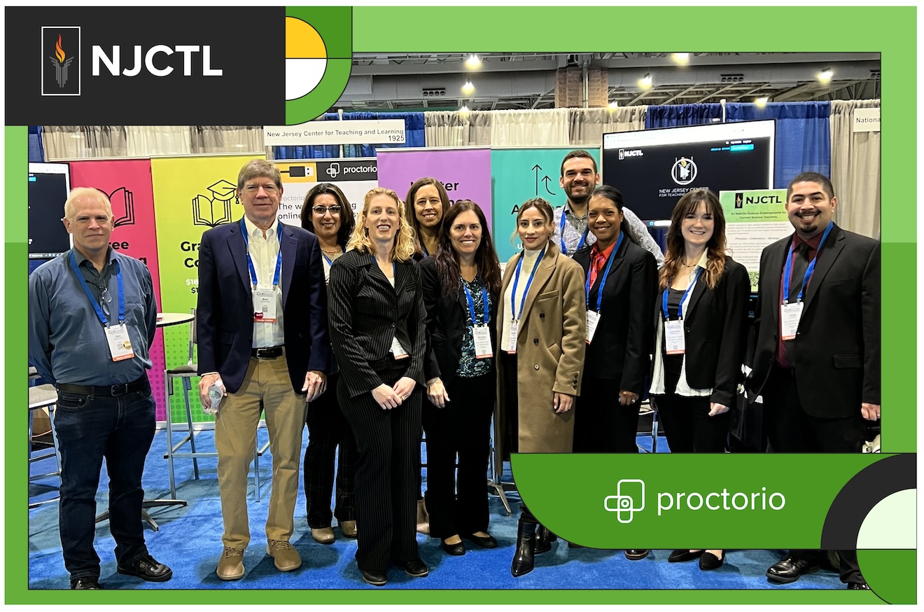 Picture of NJTCL team and Proctorio team. Left to right Dan Reinhold, Bob aka Robert Goodman, Maria Surace, Audra Crist, Susan Olszewski, Melissa Axelsson, Genesis Nava, Mike Olsen, Melissa DeWees, Caroline Hoffman, and Jose Cureno.