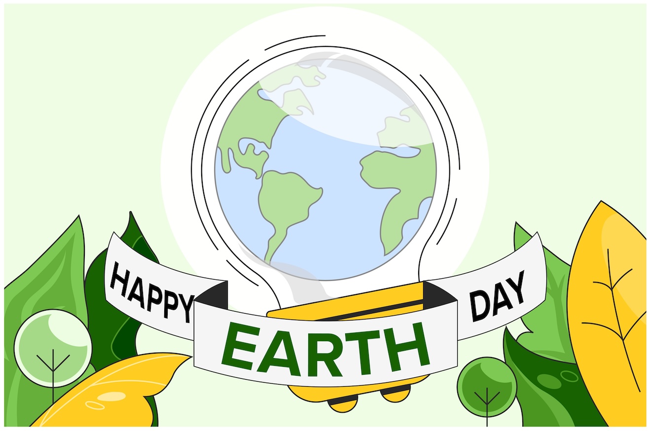 A glob inside of a lightbulb with a banner undernearth it reading HAPPY EARTH DAY in all caps, and some little trees around it