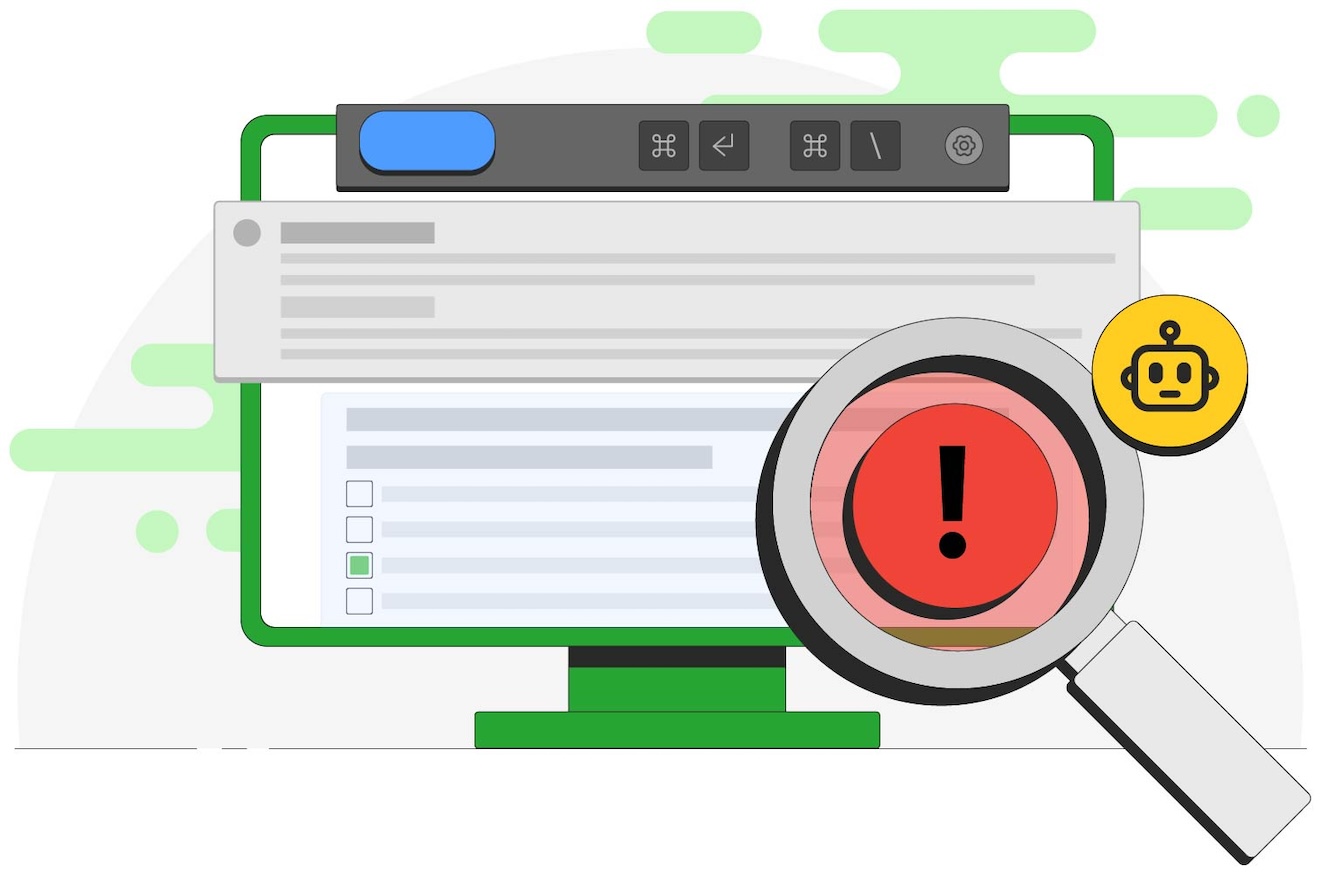 The image shows a stylized computer screen with a user interface partially obscured by a large magnifying glass highlighting a red circle with a black exclamation mark—signifying a warning or alert. Above the screen is a dark browser-like toolbar with keyboard shortcut icons. On the right side, a yellow icon with a robot face suggests the presence of AI or automation. The overall visual suggests the detection of suspicious or unauthorized activity, possibly related to cheating or automated tools, aligning with themes of digital exam security and proctoring