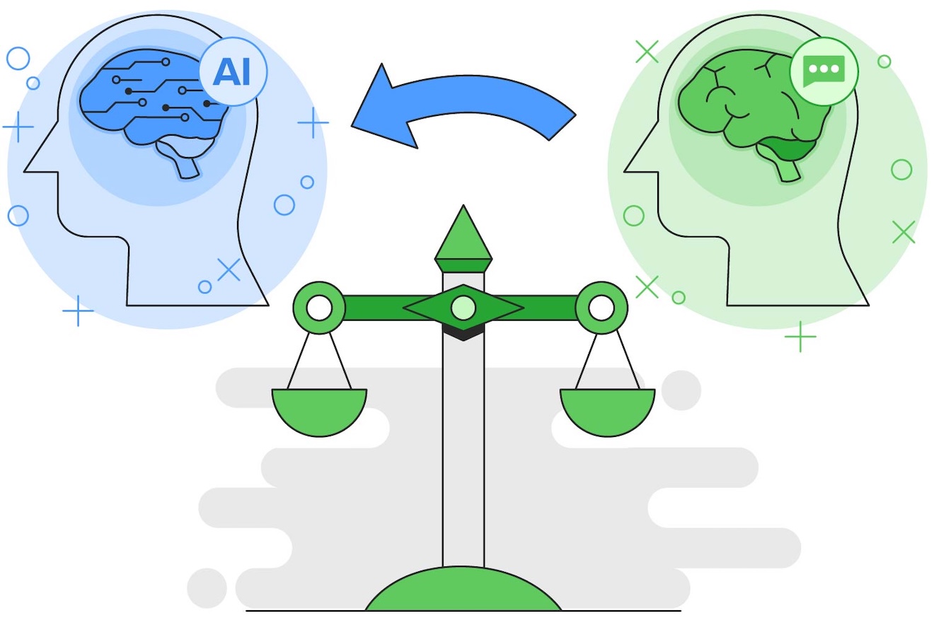 An illustration of a balanced scale between two heads: one with a blue AI brain and circuits, the other with a green human brain and chat bubble, symbolizing harmony between AI and human intelligence.