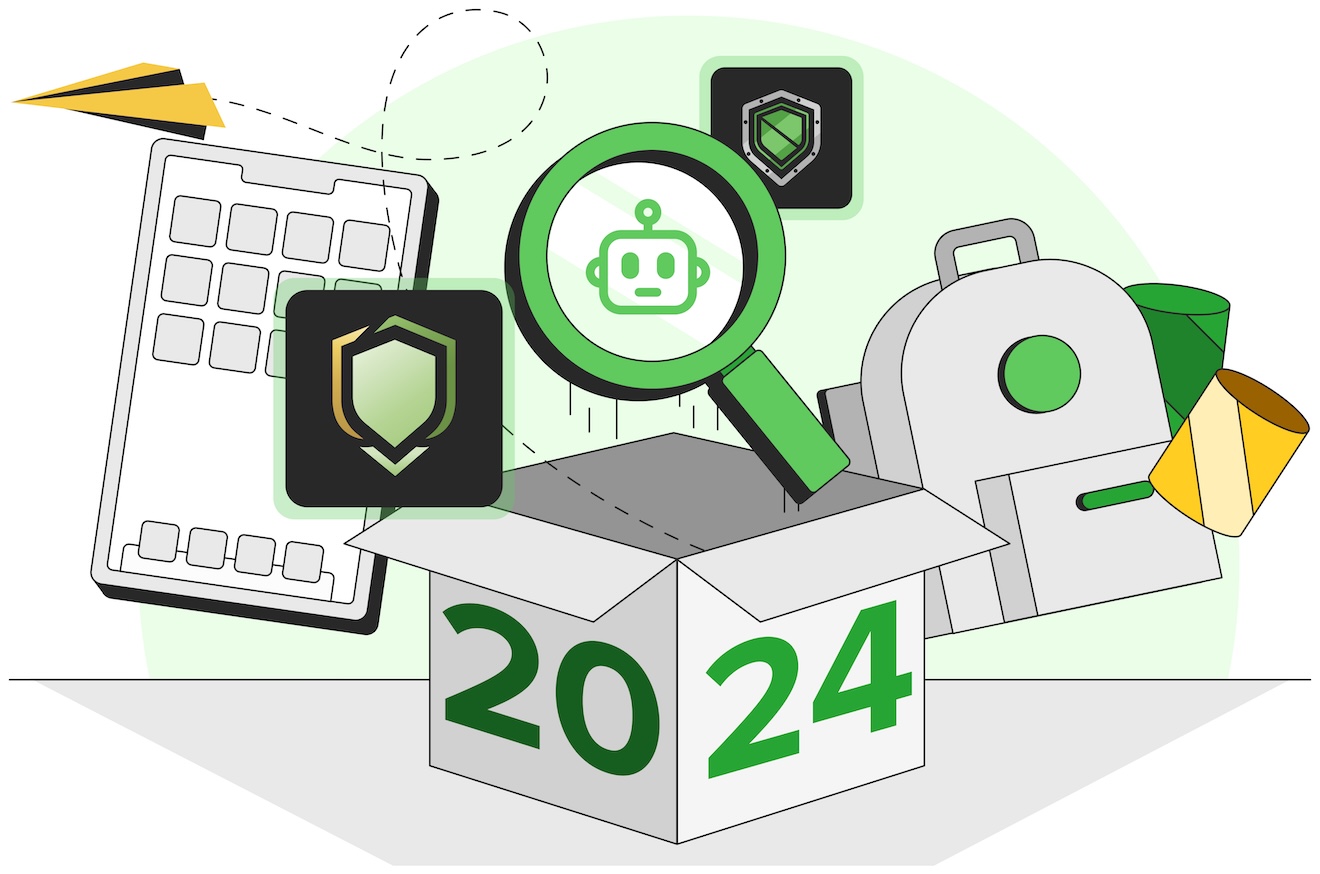The image represents a reflection on the year 2024, featuring a large open box labeled 2024 with various elements emerging from it. A magnifying glass highlights a robot icon, symbolizing AI or automation. Other elements include a shield icon (representing security or protection), a tablet, a backpack, a paper airplane, and celebratory items like a party hat and cup. The color scheme is primarily green, black, and yellow, reinforcing themes of technology, cybersecurity, and progress.