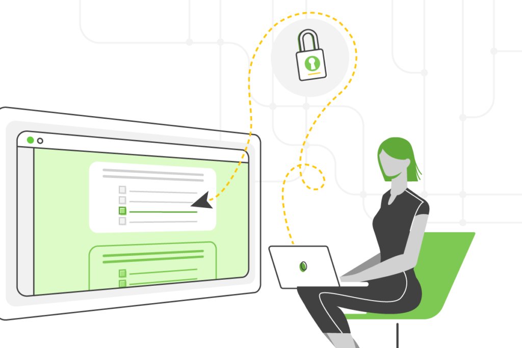 A person sends data from their computer, which passes around a lock icon before reaching its destination in a browswer window.